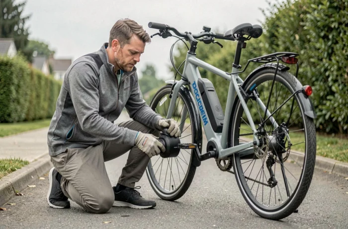 Homme en train d'inspecter le moteur d'un vélo électrique Decathlon en panne sur un chemin urbain