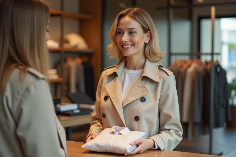 Femme retournant un vêtement au comptoir service client d'une boutique Promod avec son ticket de caisse