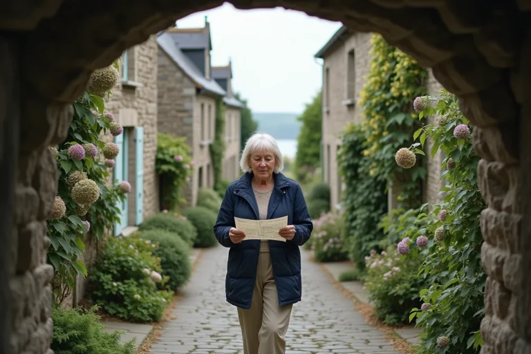 Femme se promenant dans une rue pavée typique du village breton de Ploubazlanec avec maisons en granit et hortensias