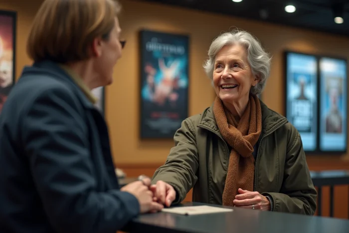 Femme senior souriante achetant un ticket de cinéma