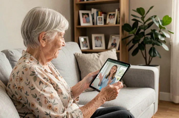 Une femme âgée utilisant une tablette pour consulter un service de téléassistance à domicile