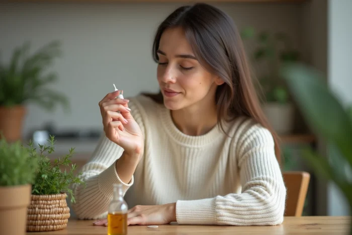 Jeune femme appliquant une huile naturelle sur son doigt