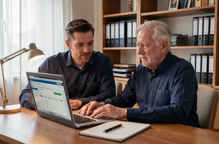 Un fils adulte accompagnant son père âgé dans la gestion de ses finances sur un ordinateur portable dans un bureau à domicile