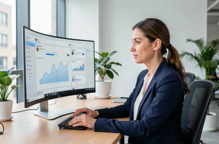 Professionnelle analysant des tableaux de bord de marketing digital sur un écran courbe dans un bureau moderne