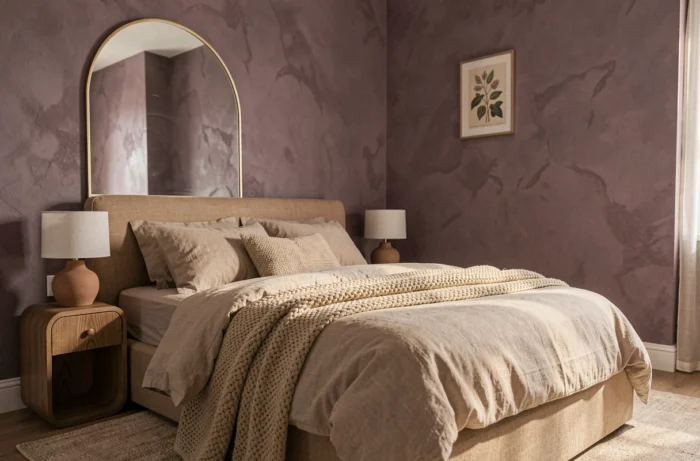 Chambre tendance 2024 avec tête de lit en lin, mur en enduit chaux mauve et miroir arqué en laiton