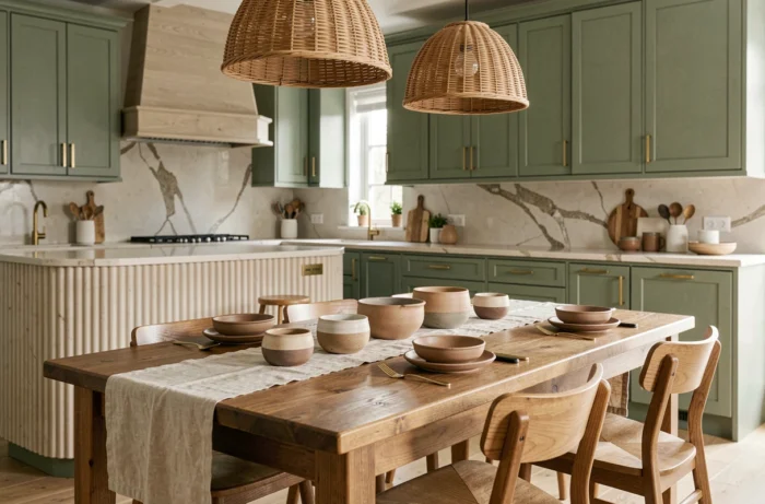 Cuisine et salle à manger tendance 2024 avec armoires vert sauge, îlot en pierre cannelée et suspension en rotin