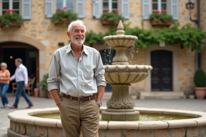 Homme age assis devant fontaine a Veron village