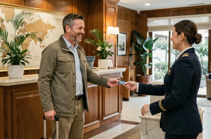 Voyageur en enregistrement à l'hôtel grâce aux services Yoopi Travel