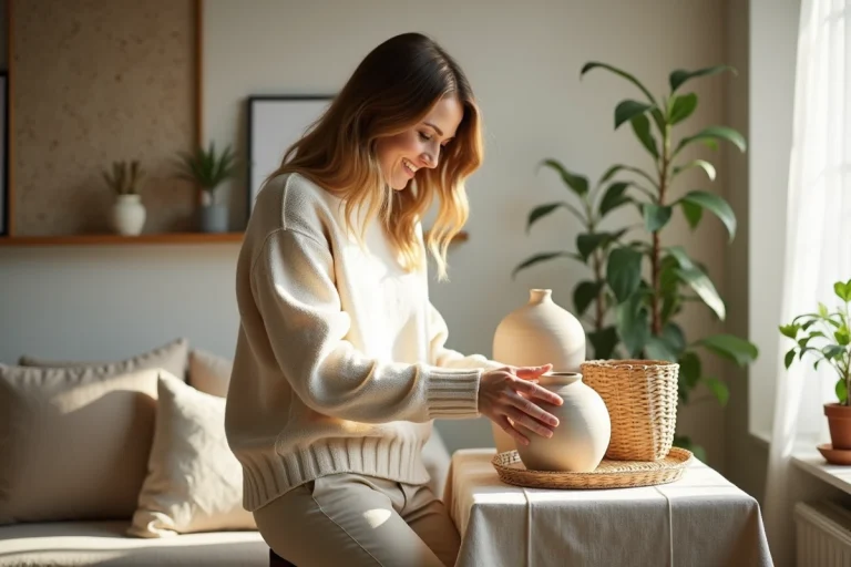 Femme arrangeant des vases en céramique dans un appartement lumineux